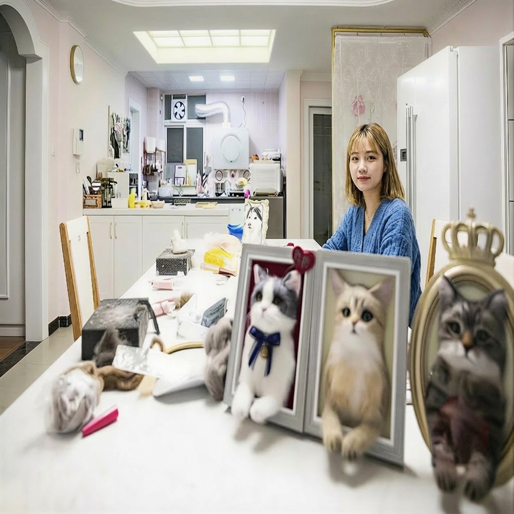alt="Handcrafted pet replica process with founder working beside her cat"