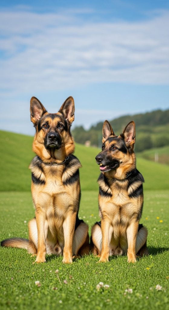 My beloved pet has finally come home – two German Shepherds sitting on a green field, ideal reference for custom 1:1 pet replicas by SoulNest Pets.
